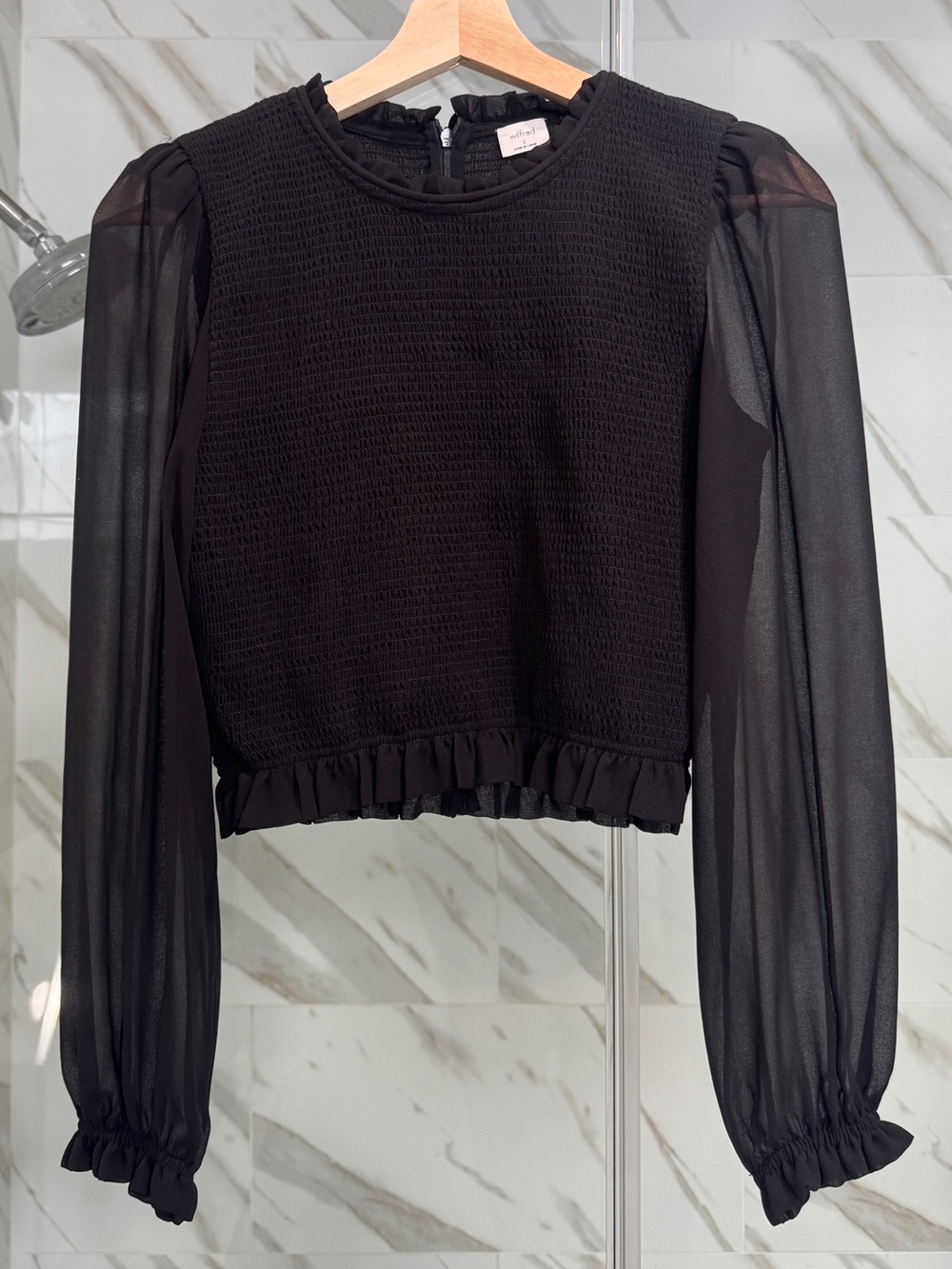 Aritzia Wilfred Tempest blouse Black Sheer-Sleeve Ruffle-Trim Top - small